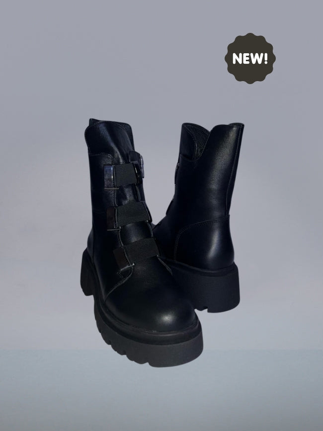 "Tyche" Beautiful women’s combat style Boots. Smooth black leather upper. Made in Turkey.