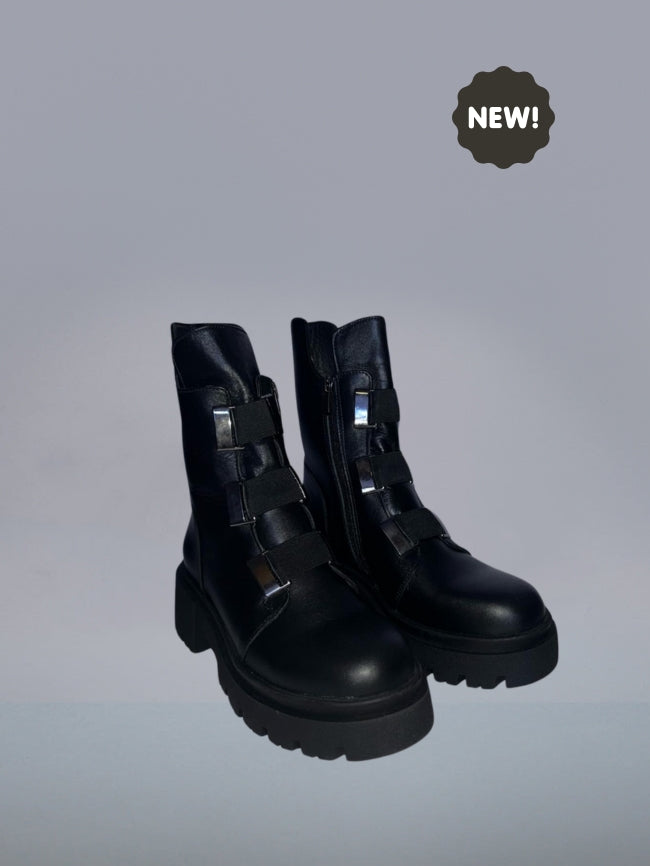 "Tyche" Beautiful women’s combat style Boots. Smooth black leather upper. Made in Turkey.