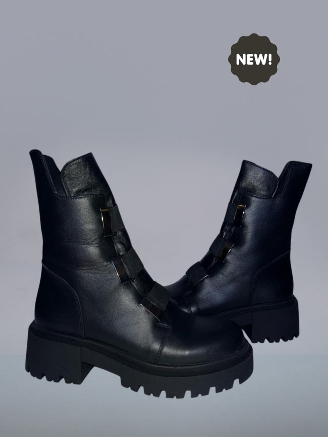 "Tyche" Beautiful women’s combat style Boots. Smooth black leather upper. Made in Turkey.