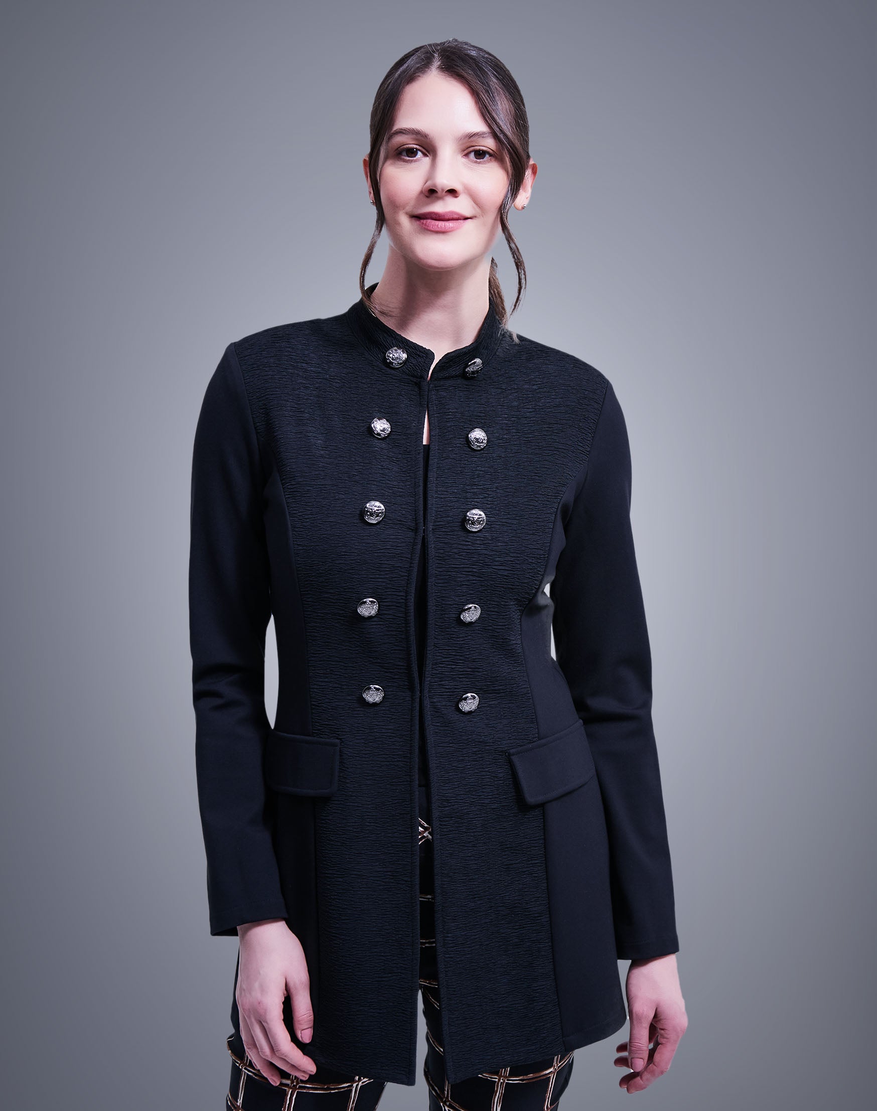 Joseph Ribkoff Long black Ponte Knit Sergeant Pepper Jacket - Style: 213449