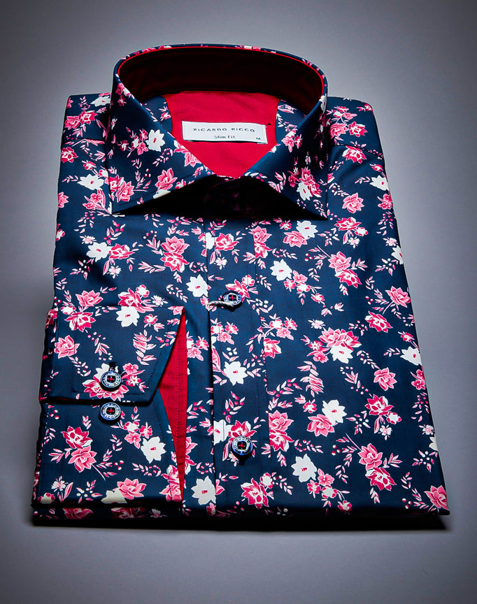 Ricardo Ricco Blue Color Floral Button Down Long Sleeve Slim Fit Shirt. (Art: Bsk 00059)