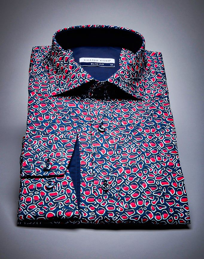 Ricardo Ricco Red/Blue Contrast Abstract Patterned  Slim Fit Shirt. (Art: Bsk 000 60).