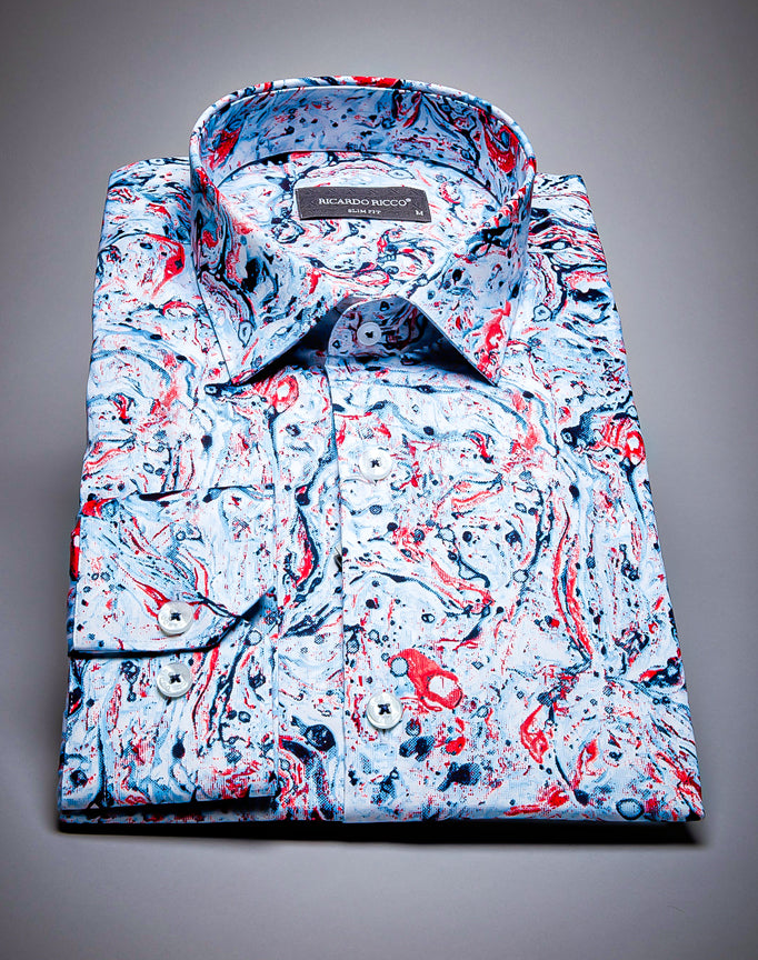 Ricardo Ricco Contrast Color Abstract Button Down Long Sleeve Slim Fit Shirt. (Art: Print 20 Sf).