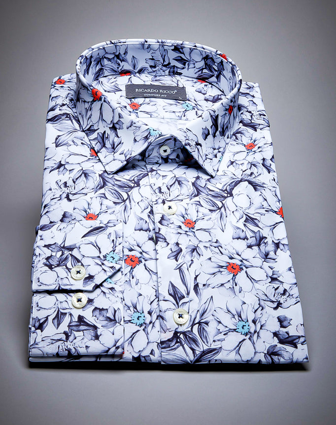 Ricardo Ricco White Floral Pattern  Slim Fit Shirt. (Art: Cmf-Bsk   00020).
