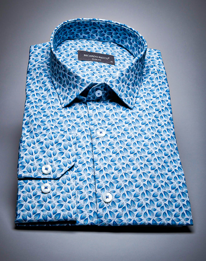 Ricardo Ricco Blue Color Floral Pattern Button Down Long Sleeve Slim Fit Shirt. (Art: Print 28 Sf)