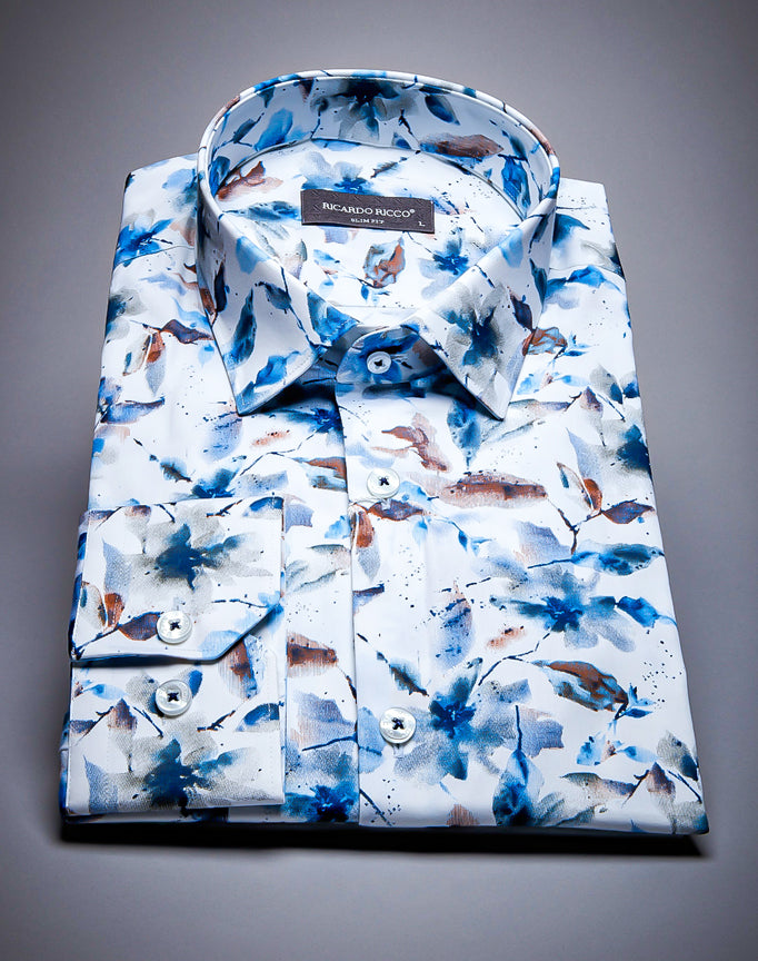 Ricardo Ricco Blue Contrast Long Sleeve Slim Fit Shirt. (Art: Print 03 Sf).