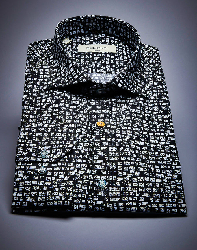 Bomonti Black Color Abstract Print Long Sleeve Slim Fit Shirt.