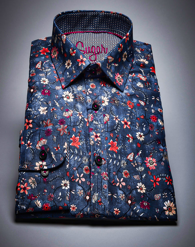 Sugar Men's Floral Patterned Midniight Blue Prints Button Up Shirt.