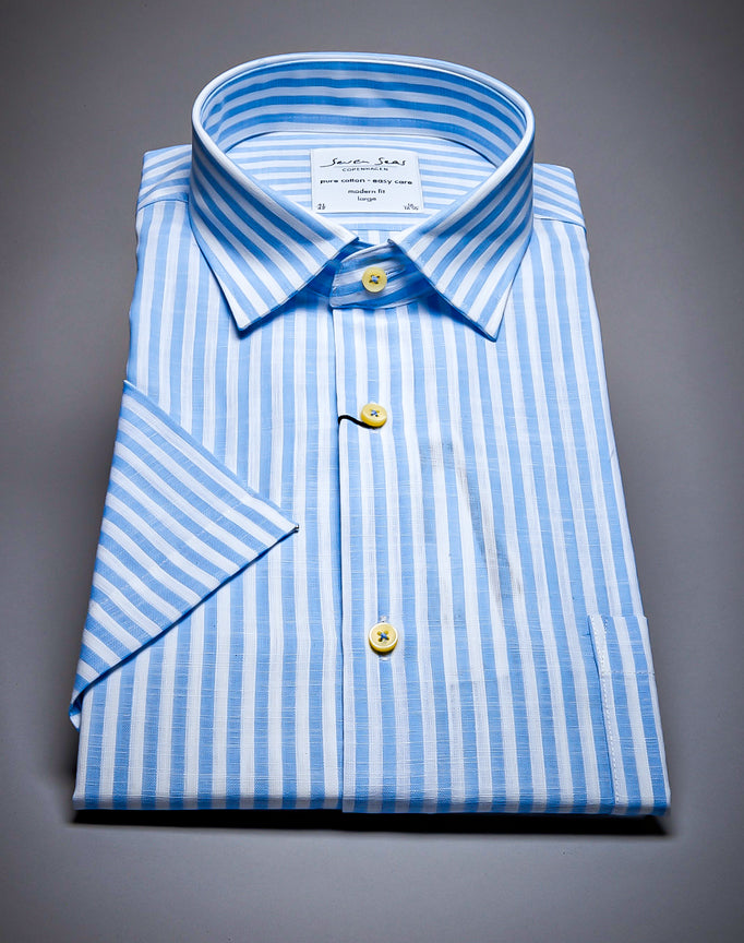 Seven Seas Men Premium Linen Short-Sleeve Shirt. Blue Strips.