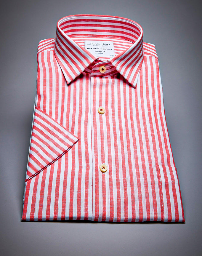 Seven Seas Men Premium Linen Short-Sleeve Shirt. Red Strips.