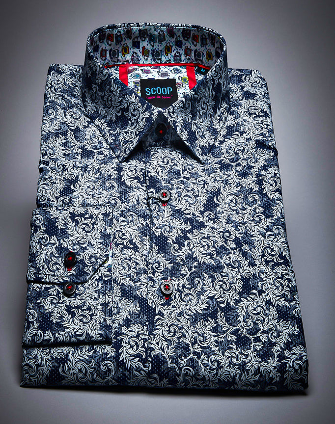 Scoop Men's Long Sleeve Contrast  Caviar Color Floral Printed Shirt.