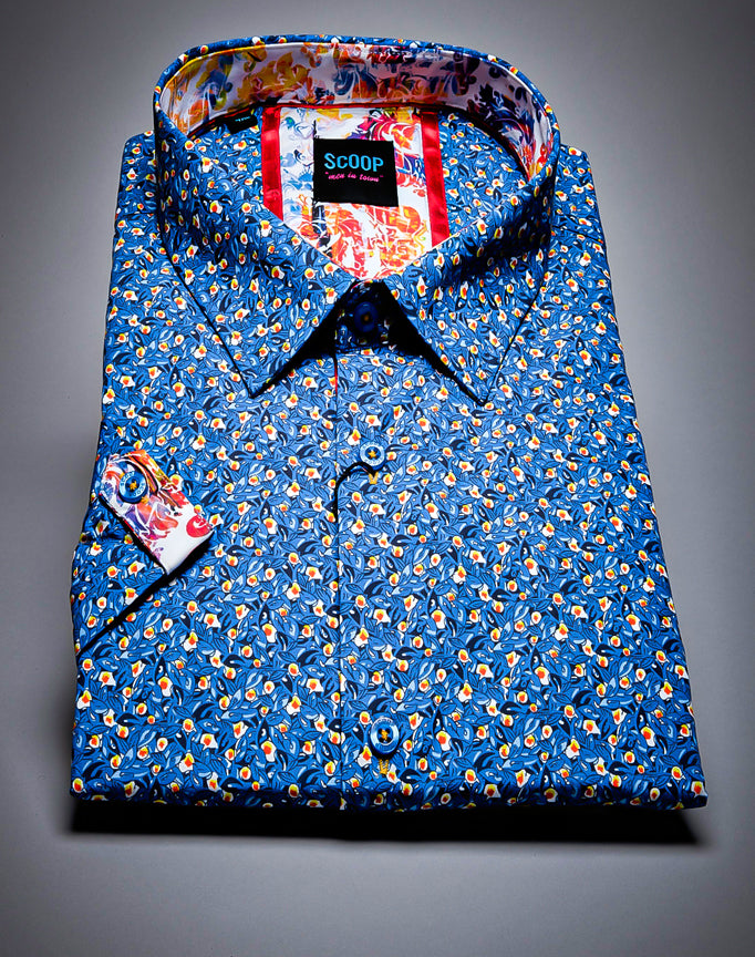 Scoop Blue Floral Prints Short Sleeve Button Up Shirt.