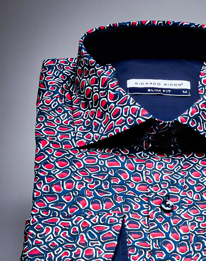 Ricardo Ricco Red/Blue Contrast Abstract Patterned  Slim Fit Shirt. (Art: Bsk 000 60).