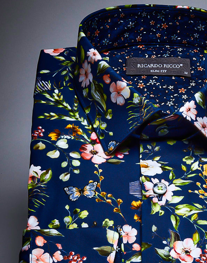 Ricardo Ricco Blue Color Floral Button Down Long Sleeve Slim Fit Shirt.  (Art: Bsk  Code: 017).