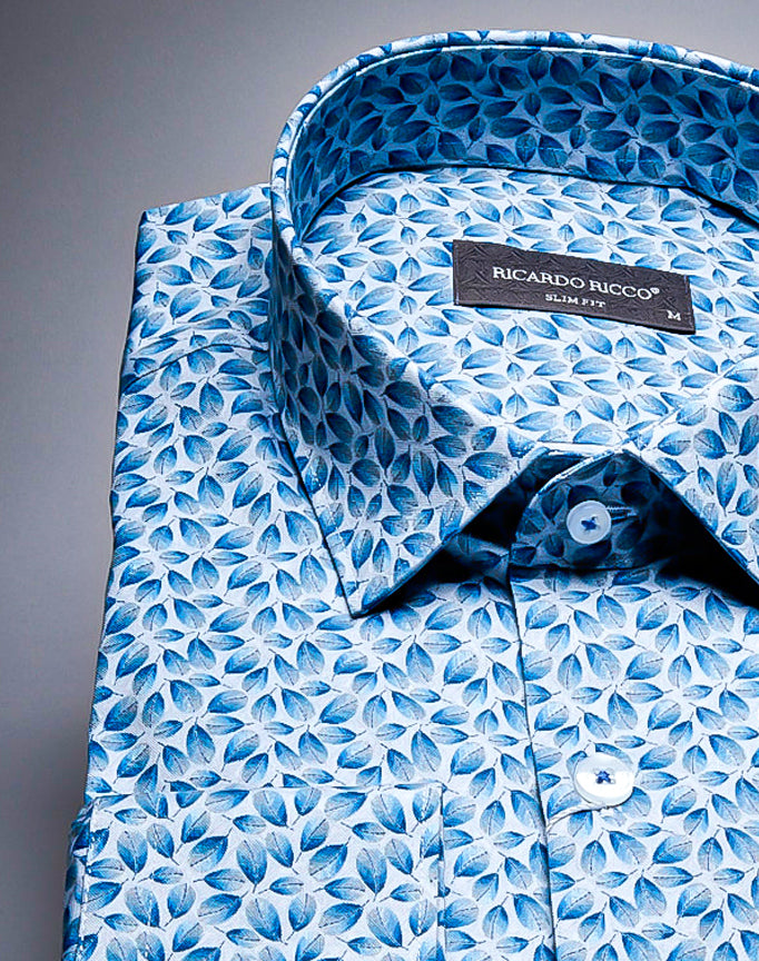 Ricardo Ricco Blue Color Floral Pattern Button Down Long Sleeve Slim Fit Shirt. (Art: Print 28 Sf)