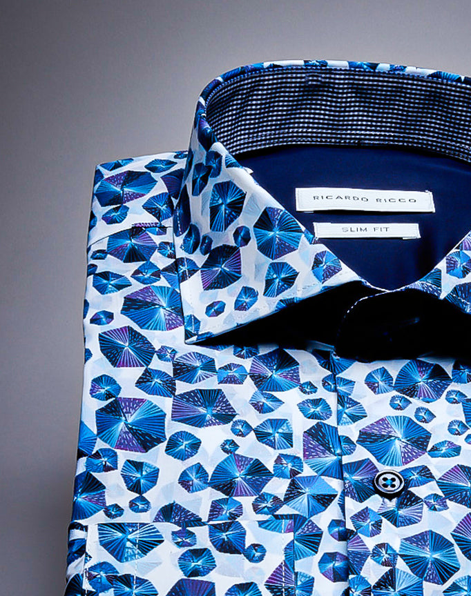 Ricardo Ricco Blue Abstract Pattern Button Down Long Sleeve Slim Fit Shirt.