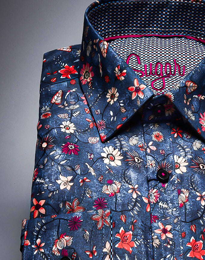 Sugar Men's Floral Patterned Midniight Blue Prints Button Up Shirt.