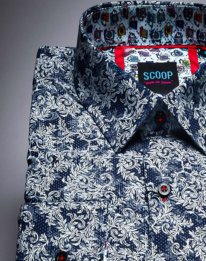 Scoop Men's Long Sleeve Contrast  Caviar Color Floral Printed Shirt.