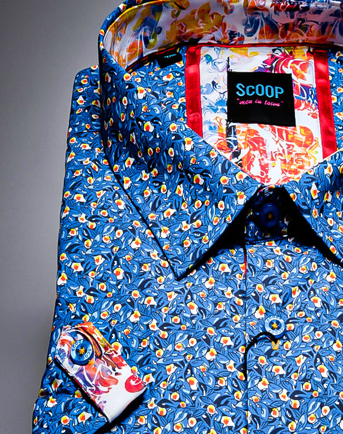 Scoop Blue Floral Prints Short Sleeve Button Up Shirt.