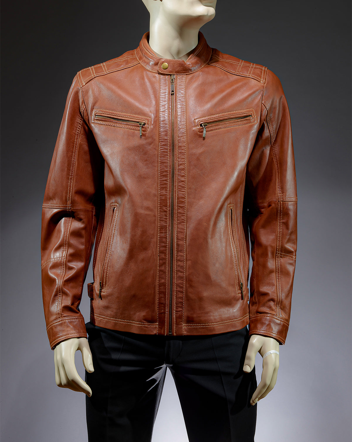 Leather Biker Jacket Whisky color.